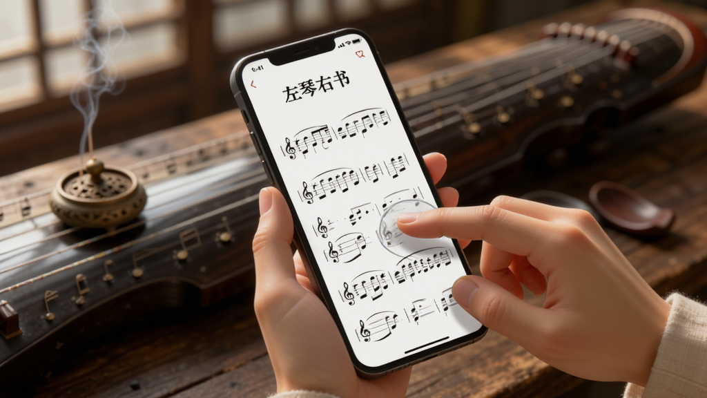 一幅AI生图,画面是一双手正在操作手机,手机屏幕显示“左琴右书”的琴谱页面,手指正在做缩放动作,背景是古琴琴桌和香炉,光线柔和,风格写实,细节清晰,画质干净,无多余元素