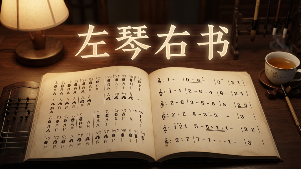 一幅AI生图,画面主体是一本展开的古琴谱,左边是减字谱,右边是简谱,谱面上方悬浮着“左琴右书”四个半透明发光字,背景是深色木质书桌,旁边放着一盏暖光台灯和一杯茶,风格写实且温馨,细节丰富,画质清晰,干净无多余元素