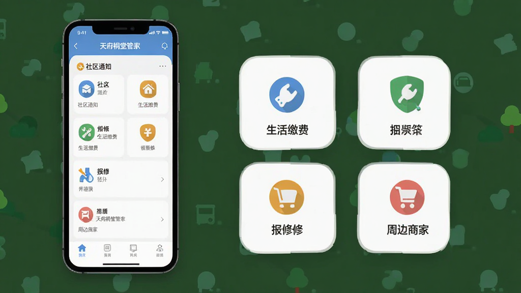 һ��չʾ�츮ͩ�ùܼ�APP���Ĺ���ȫò��ͼƬ������Ϊһ�������ֻ�����Ļ��ʾ�츮ͩ�ùܼ�Ӧ�������棬�����������֪ͨ������ɷѡ����ޡ��ܱ��̼ҵ�ͼ�꣬�����������Ű����࣬����ִ���Լ��ƽ����ϸ��Բ�󣬻��ʸɾ����޶���Ԫ��