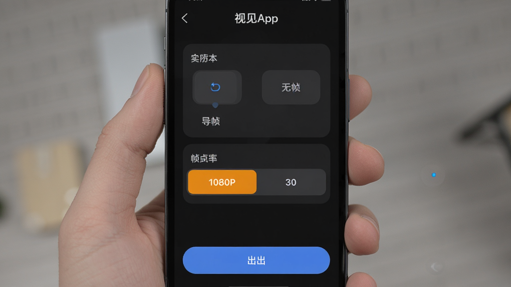 视见App导出设置界面展示,手机屏幕显示分辨率选择菜单和帧率选项,1080P和30帧被高亮选中,下方有导出按钮,界面简洁明了,深色主题,画质清晰干净