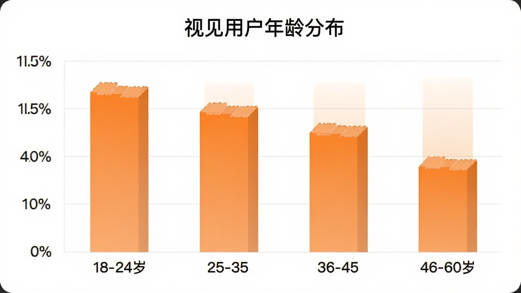 视见App用户年龄分布柱状图,横轴为18-24岁、25-35岁、36-45岁、46-60岁四个年龄段,纵轴为用户占比百分比,柱状图颜色为橙色渐变,图表标题为“视见用户年龄分布”,背景干净简洁,画质清晰