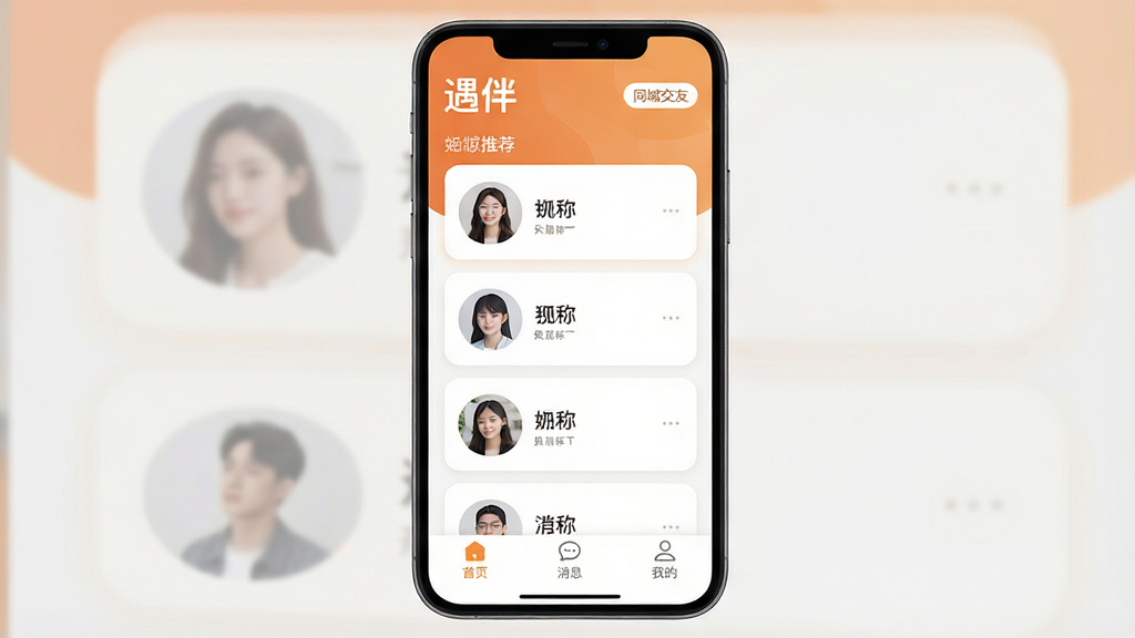 �ֻ���Ļ����չʾ�����顱App�����棬������ů��ɫ�Ͱ�ɫΪ��ɫ����������ʾ�����顱Logo�͡�ͬ�ǽ��ѡ����ֱ�ǩ���м��ǿ�Ƭʽ�û��Ƽ��б���ÿ�ſ�Ƭ��Բ��ͷ����ǳƣ��ײ�������Ϊ����ҳ������Ϣ�����ҵġ�����ͼ�꣬���沼������������ִ���ƽ��ϸ��Բ�󣬻��ʸɾ��޶���Ԫ�أ�UI��Ƹ��񣬸��壬�����ұ���