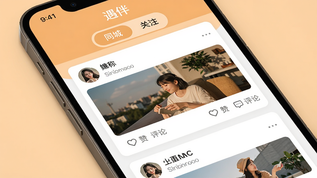 �ֻ���Ļչʾ�����顱App��̬�㳡ҳ�棬�ٲ������֣���Ƭ�����û�ͷ���ǳơ�ͼ�Ķ�̬�͵������۰�ť�������С�ͬ�ǡ��͡���ע��������ǩ�л�������ɫ����ů����������罻ý����Ϣ����UI��Ƹ壬���壬�������࣬�޶���Ԫ��