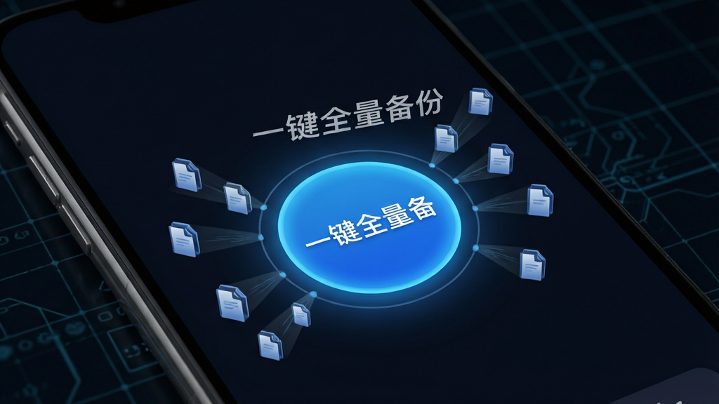 聊天记录备份管家一键备份功能展示图,画面主体是一部手机屏幕特写,屏幕中央显示一个高亮的蓝色圆形按钮,按钮上方有“一键全量备份”白色文字,按钮周围有细小的文件图标向按钮汇聚,形成数据流入的视觉效果,背景是深色科技感网格,风格简洁明了,画质清晰,无多余元素。