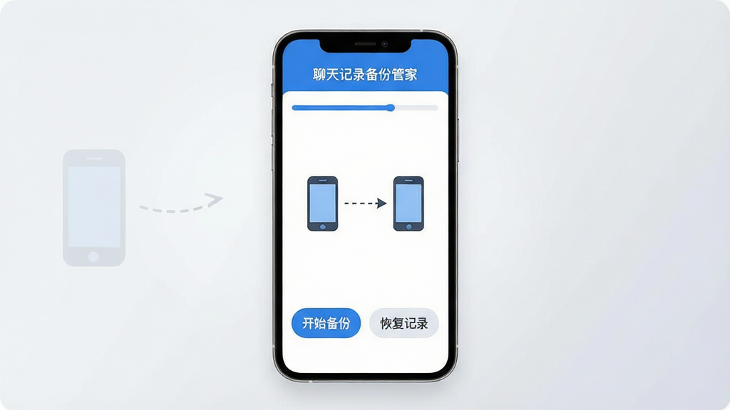 聊天记录备份管家软件主界面全貌展示,画面中央是一个简洁的智能手机模型,屏幕显示蓝白配色的应用界面,顶部有“聊天记录备份管家”字样和备份进度条,中间是两个手机图标之间用虚线箭头连接代表传输,底部有“开始备份”和“恢复记录”两个大按钮,背景是柔和的浅灰色渐变,风格现代扁平化,细节圆润,画质干净,无多余元素。