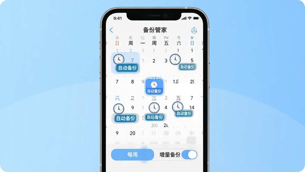 聊天记录备份管家定时备份设置界面图,画面展示一个手机屏幕,屏幕上是一个日历样式的界面,每个周日的位置有一个时钟图标和高亮的“自动备份”标签,屏幕下方有“每周”和“增量备份”的开关按钮,背景是浅蓝色的渐变,风格清新简洁,画质干净,无多余元素。