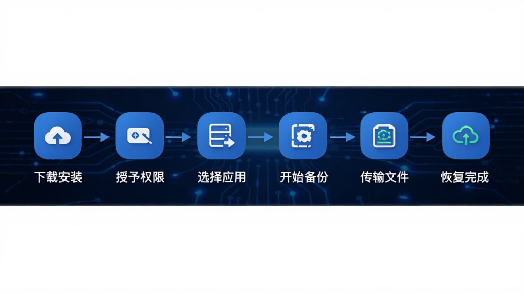 聊天记录备份管家新手操作流程图,画面是一张横向的流程图,从左到右依次是「下载安装」「授予权限」「选择应用」「开始备份」「传输文件」「恢复完成」六个步骤图标,每个图标下方有对应的白色文字说明,背景是深蓝色的科技感线条,风格清晰直观,画质干净,无多余元素。
