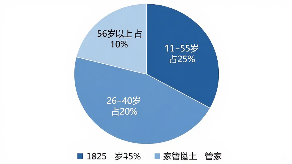 聊天记录备份管家用户年龄分布饼状图,画面是一个圆形的饼状图,分为四个扇形区域,分别标注“18-25岁 占25%”“26-40岁 占40%”“41-55岁 占25%”“56岁以上 占10%”,每个区域用不同深浅的蓝色区分,图表下方有图例说明,背景是白色,风格简洁商务,画质清晰,无多余元素。