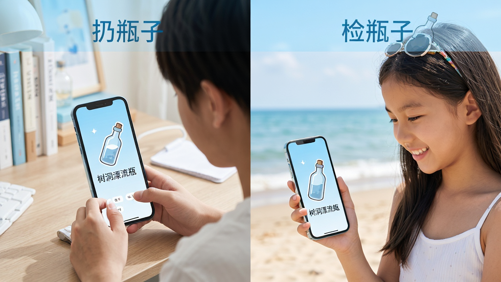 手机屏幕界面展示,画面分为左右两部分,左边是“扔瓶子”的界面,一个年轻人在书桌前对着手机屏幕打字,屏幕上有一个漂流瓶图标,右边是“捡瓶子”的界面,一个女孩在海边沙滩上看着手机微笑,手机屏幕上显示收到一个漂流瓶,画面风格清新明亮,主色调为天蓝色和白色,画面中必须包含文字“树洞漂流瓶”,布局清晰,画质干净,无多余元素