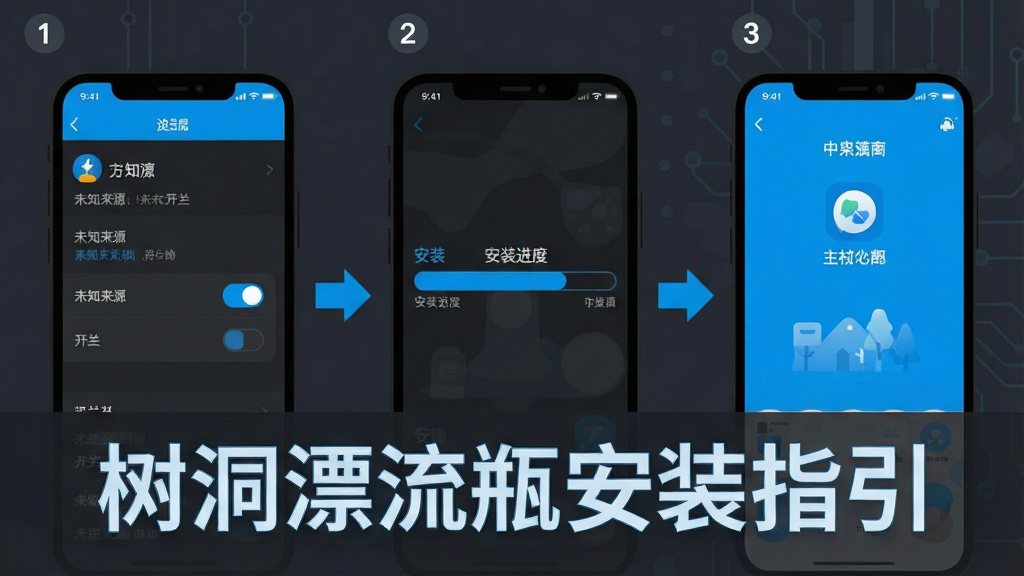 一张手机操作指引图,画面分为三个步骤,第一步是手机设置界面打开“未知来源”开关,第二步是安装进度条,第三步是App主界面,画面风格为扁平化科技风,主色调为深灰色和亮蓝色,画面中必须包含文字“树洞漂流瓶安装指引”,布局清晰,画质干净,无多余元素
