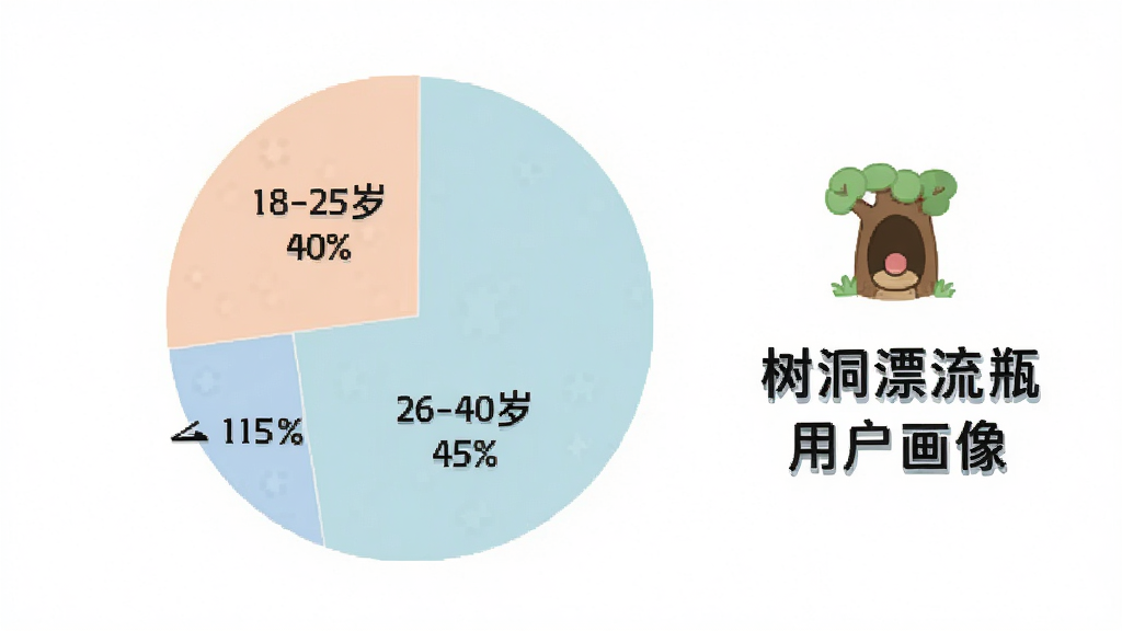 一个饼状图,展示用户年龄分布,饼图分为三块,分别标注“18-25岁 40%”、“26-40岁 45%”、“40岁以上 15%”,饼图配色柔和,背景为白色,图表旁边有一个小小的树洞图标,画面中必须包含文字“树洞漂流瓶用户画像”,风格简洁数据可视化,画质干净,无多余元素