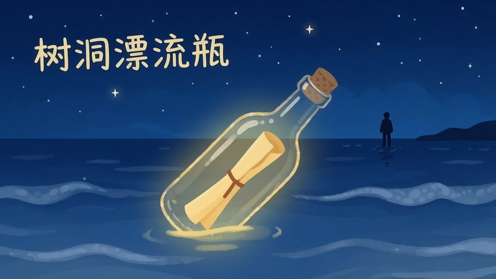 一个宁静的夜晚海边场景,画面中央漂浮着一个发着微光的透明玻璃瓶,瓶子里装着卷起来的信纸,背景是深蓝色的星空和柔和的海浪,远处有一个代表用户的小人剪影正对着大海,画面风格温暖治愈,主色调为深蓝与暖黄,画面中必须包含清晰的文字“树洞漂流瓶”,整体布局简洁,画质干净,无多余元素