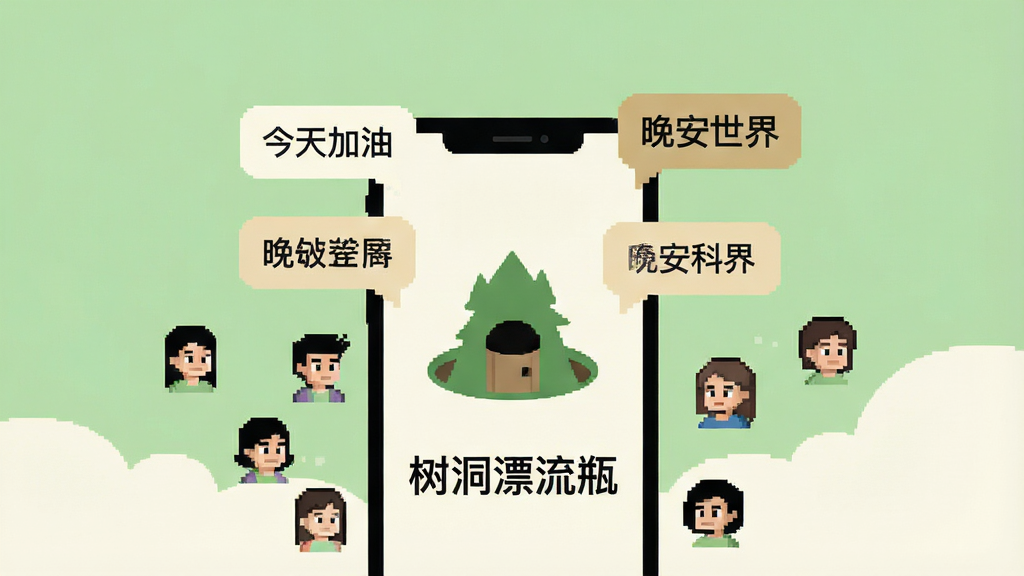 一个扁平化风格的插画,画面中心是一部手机,手机屏幕显示一个简洁的树洞形状的图标,周围环绕着各种小小的像素风人物头像,代表匿名用户,从树洞里飘出一些对话气泡,气泡里写着“今天加油”、“晚安世界”等温暖的字样,画面风格简约现代,主色调为浅绿色和米白色,画面中必须包含文字“树洞漂流瓶”,布局干净整洁,无多余元素
