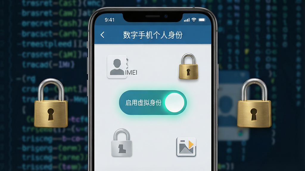 一张展示“数字手机个人身份”软件中身份信息伪装与隔离功能的AI生图。主体是一部安卓手机屏幕特写,屏幕中央显示一个名为“数字手机个人身份”的App界面,界面里有一个醒目的“启用虚拟身份”开关按钮,旁边有通讯录、IMEI、位置等图标被一把金色的锁锁住。布局为手机竖屏展示,背景是模糊的代码瀑布流。排版上,开关按钮位于视觉中心。风格是写实的UI设计风格,细节上锁的金属质感要强,开关有轻微发光效果。画质干净,无多余元素。