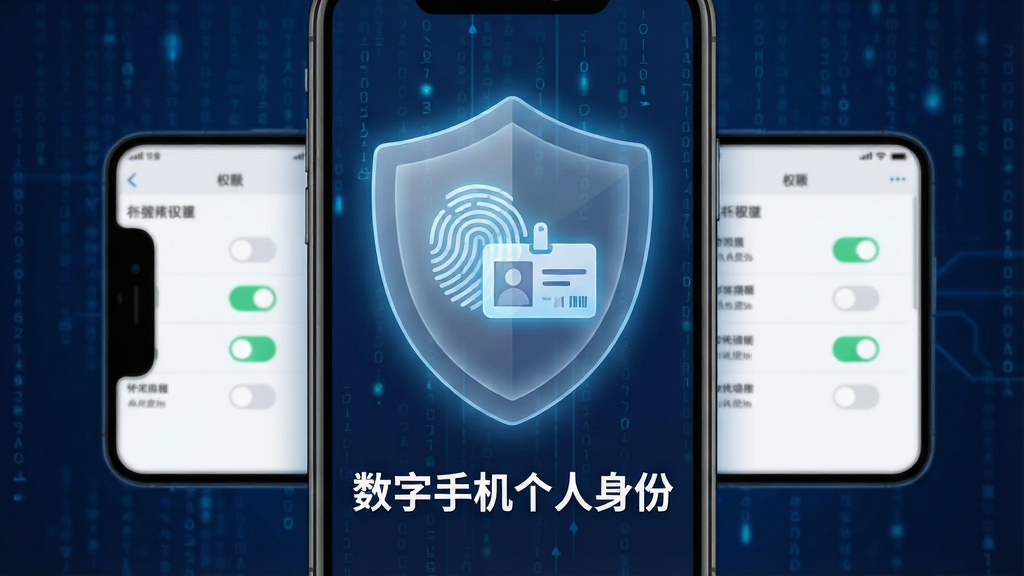 一张展示“数字手机个人身份”软件核心全貌的图片。主体是一个悬浮在手机屏幕上的半透明数字盾牌图标,盾牌中心有发光的指纹和ID卡图案。布局采用居中构图,手机放置于画面中央,背景是深蓝色的科技感数据流。排版简洁,盾牌下方有“数字手机个人身份”的文字标识。风格为现代扁平化科技风,细节上盾牌边缘有柔和光晕,手机屏幕显示简洁的权限开关列表。画质清晰,干净,无多余元素。