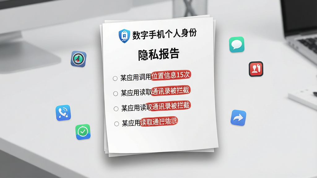 一张展示“数字手机个人身份”软件生成隐私报告功能的AI生图。主体是一张悬浮在桌面上的纸质报告单,报告单顶部有“数字手机个人身份”的Logo和“隐私报告”字样,报告内容用清晰的中文列出“某应用调用位置信息15次”、“某应用读取通讯录被拦截”等条目。布局为报告单居中,周围散落着几个微缩的应用图标。排版采用清单式排版,重点条目有红色标记。风格是简洁的商务办公风,细节上纸张有轻微阴影,文字清晰可辨。画质干净,无多余元素。