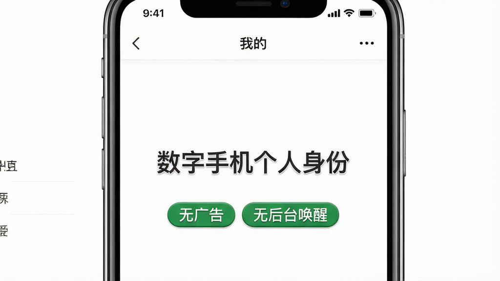 一张展示“数字手机个人身份”软件界面干净无广告特点的AI生图。主体是一部手机展示该软件的“我的”页面,页面中央写着“数字手机个人身份”,下方有“无广告”、“无后台唤醒”的绿色标签。布局为手机正面特写,背景是纯净的白色。排版上标签位于屏幕中下部。风格是极简主义,细节上标签有轻微的浮雕质感,屏幕周围有干净的留白。画质清晰,无多余元素。