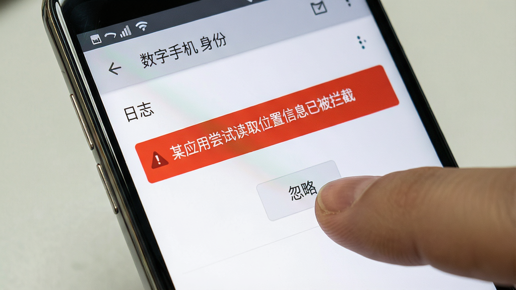 一张展示“数字手机个人身份”软件在安卓手机上运行状态的AI生图。主体是一部手机屏幕,屏幕上显示该软件的“日志”页面,页面中有一条红色的警告记录“某应用尝试读取位置信息已被拦截”。布局为手机竖屏特写,手指正点击屏幕上的“忽略”按钮。排版上警告记录位于屏幕中央。风格为真实的手机截图风格,细节上手机边缘有轻微反光,屏幕内容清晰。画质干净,无多余元素。