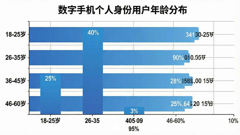 一张展示“数字手机个人身份”用户年龄分布的柱状图。主体是一个柱状图图表,标题为“数字手机个人身份用户年龄分布”。布局为横向柱状图,纵轴为年龄段(18-25岁、26-35岁、36-45岁、46-60岁),横轴为百分比。排版上柱状图颜色为蓝色渐变,每个柱子上方标有具体百分比数字(如18-25岁占25%,26-35岁占40%等)。风格是扁平化数据可视化风格,细节上网格线清晰,文字标注明确。画质干净,无多余元素。
