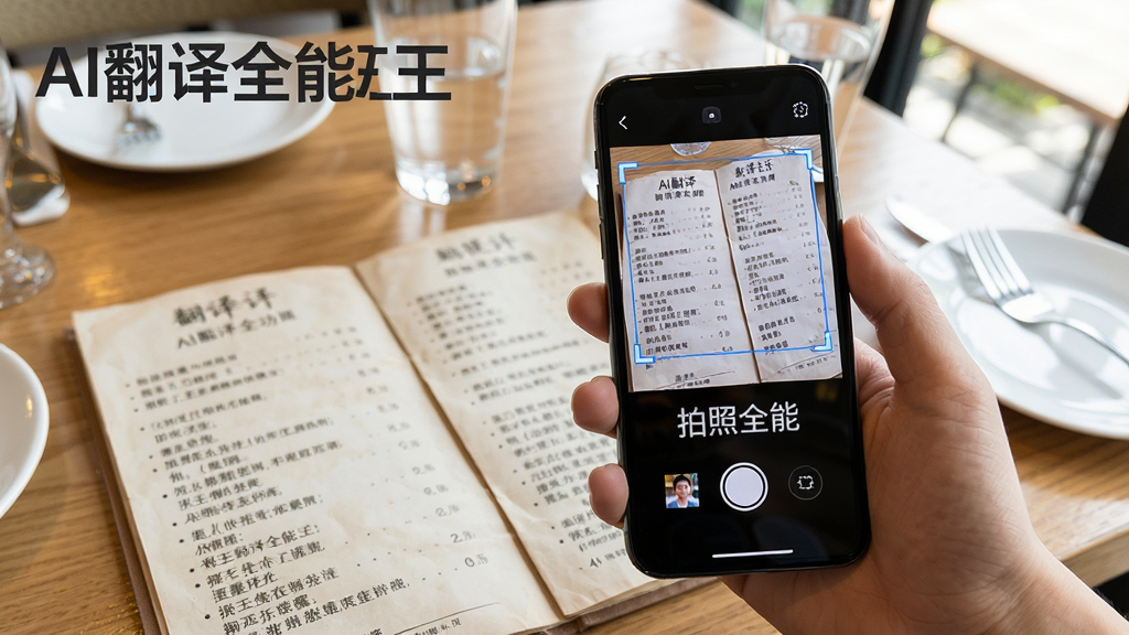 一张展示AI翻译全能王拍照翻译功能的图片,画面中一只手拿着手机对着餐厅的外文菜单拍照,手机屏幕上显示菜单原文被框选,下方同步出现中文翻译结果,界面顶部有“AI翻译全能王”文字,背景是餐厅桌面,风格写实明亮,细节清晰,画质干净,无多余元素