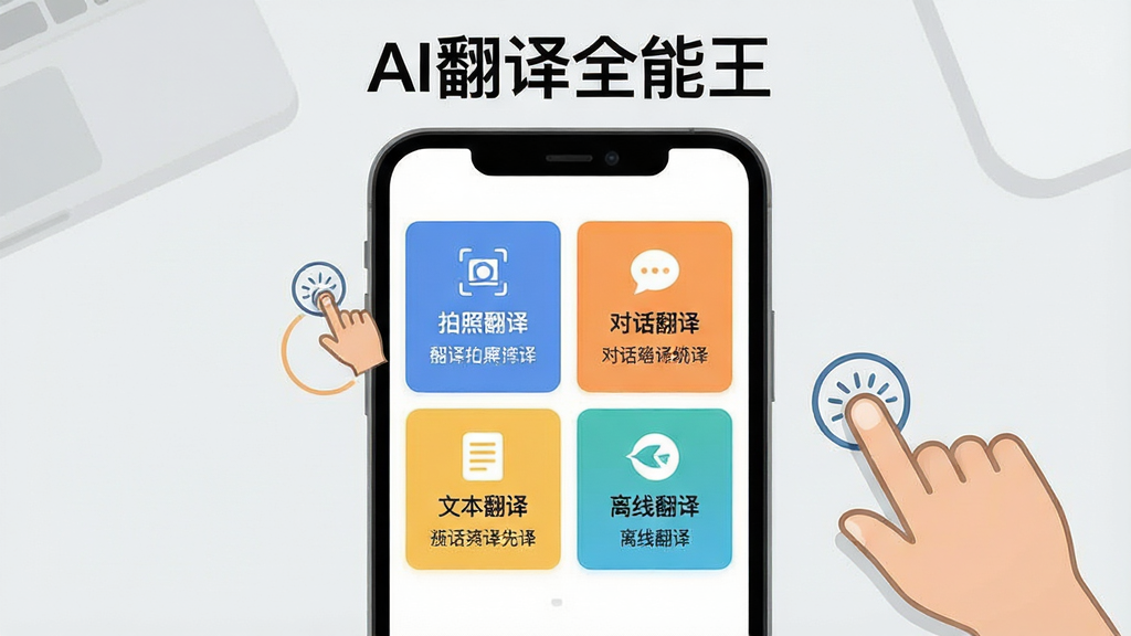 一张展示AI翻译全能王新手使用步骤的图片,画面中一部手机屏幕显示软件主界面,界面上有“拍照翻译”“对话翻译”“文本翻译”“离线翻译”四个功能卡片,每个卡片下方有简短说明文字,手机旁边有手指点击的图标示意操作,顶部有“AI翻译全能王”文字,背景是干净的浅灰色桌面,风格扁平化教学插图,细节清晰,画质干净,无多余元素