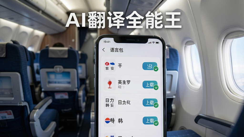 一张展示AI翻译全能王离线翻译包功能的图片,画面中一部手机屏幕显示语言包下载列表,中文、英文、日文、韩文等语言包旁边有下载按钮和已下载标识,手机上方有“AI翻译全能王”文字,背景是飞机客舱或高铁座位场景,风格简洁现代,细节清晰,画质干净,无多余元素