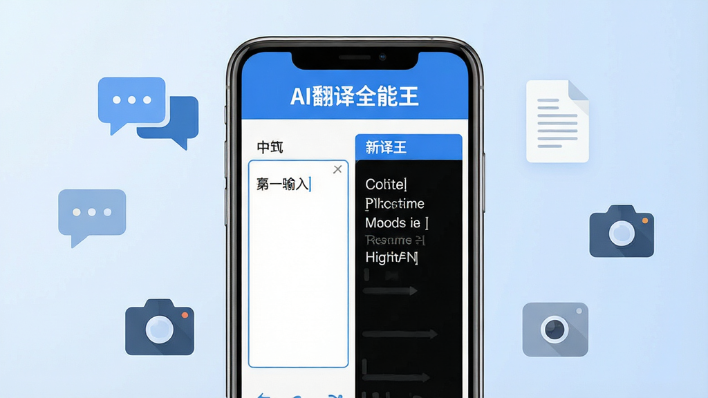 一张展示AI翻译全能王软件核心全貌的图片,画面中央是一部智能手机,手机屏幕上显示着AI翻译全能王的翻译界面,左侧是中文输入框,右侧是英文翻译结果,界面以蓝白配色为主,顶部有“AI翻译全能王”文字标识,手机周围散落着对话气泡、文档图标、相机图标等元素,背景是柔和的浅蓝色渐变,风格现代简洁扁平化,细节清晰,画质干净,无多余元素