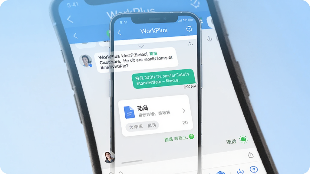 WorkPlus 即时通讯聊天界面特写,展示文字消息、文件传输卡片和已读状态标识,背景为淡蓝色渐变,画面中央有手机屏幕展示聊天对话框,风格商务简约,画质干净无多余元素