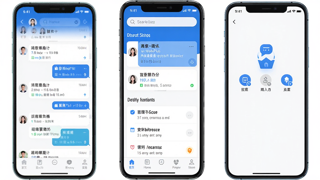 WorkPlus 移动办公应用主界面,展示即时通讯聊天列表与组织架构入口,界面以蓝白配色为主,顶部显示搜索栏,中间是消息卡片和待办事项,底部为导航栏,风格简洁现代,画质清晰,干净无多余元素