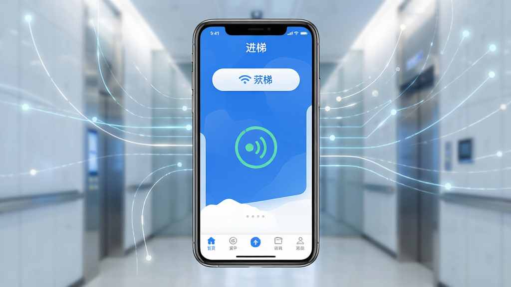 一张展示“进梯”软件核心全貌的图片,画面中央是手机屏幕,屏幕上显示“进梯”APP的主界面,界面设计简洁现代,以蓝白配色为主,顶部有连接按钮,中间显示网络状态图标,底部有导航栏,背景是柔和的科技感线条,整体风格干净清爽,画质清晰,无多余元素