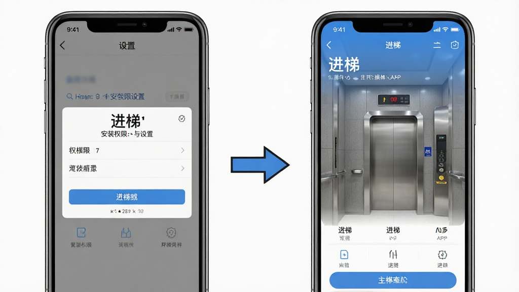 一张展示“进梯”新手操作步骤的图片,画面是手机屏幕分屏展示,左侧是安装权限设置界面,右侧是“进梯”APP主界面,中间有箭头连接,风格简洁直观,画质清晰,无多余元素