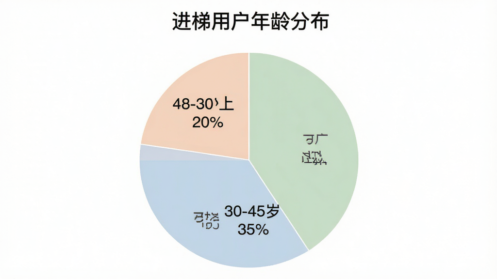 一张展示“进梯”用户年龄分布的饼状图,图表标题为“进梯用户年龄分布”,饼图分为三个扇区,分别标注“18-30岁 45%”“30-45岁 35%”“45岁以上 20%”,配色柔和,图表简洁清晰,背景干净,无多余元素