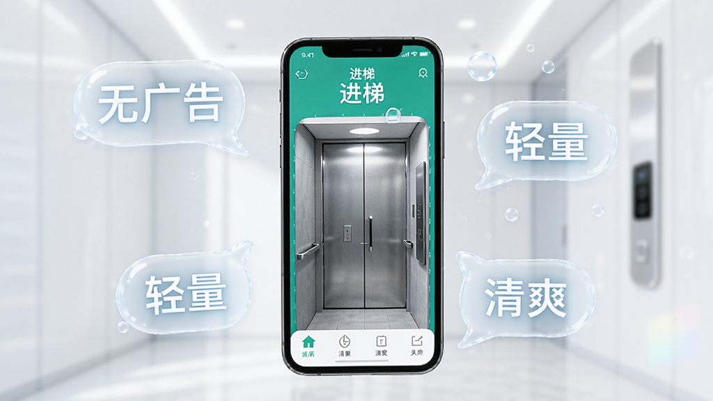 一张展示“进梯”软件轻量无广告特点的图片,画面是手机屏幕展示“进梯”APP界面,周围漂浮着“无广告”“轻量”“清爽”等半透明文字气泡,背景简洁明亮,风格清新,画质清晰,无多余元素
