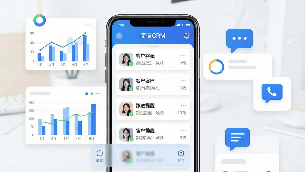 一张展示简信CRM软件核心界面的图片,主体是手机屏幕中显示客户列表和跟进提醒的界面,布局为居中放置的手机模型,周围环绕着数据图表和沟通图标,排版简洁清晰,风格现代扁平化,细节包括蓝色主色调、圆角卡片、清晰的文字标签“简信CRM”,画质高清干净无多余元素