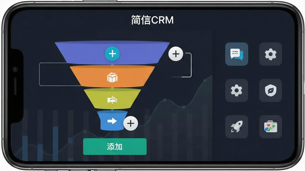一张展示简信CRM销售漏斗和操作界面的图片,主体是手机屏幕显示漏斗图表和添加按钮,布局为左侧漏斗图形右侧功能图标,排版对称,风格数据可视化,细节包括不同颜色区分阶段、加号按钮醒目、文字“简信CRM”显示在标题栏,画质干净清晰无多余装饰
