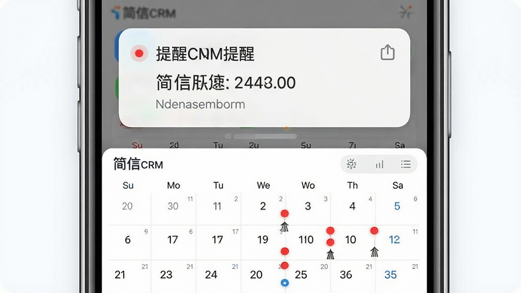 一张展示简信CRM跟进提醒功能的图片,主体是手机屏幕弹出提醒通知和日历视图,布局为上下分层展示,上方是通知卡片下方是月历标记,排版整齐,风格商务简约,细节包括红点标记、时间数字清晰可见、文字“简信CRM”出现在界面角落,画质清晰干净无杂乱元素