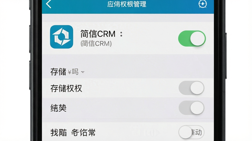 一张展示简信CRM权限设置和备份操作的图片,主体是手机设置界面中的应用权限管理页面,布局为列表式排列,排版清晰,风格系统原生,细节包括自启动开关高亮显示、存储权限选项、文字“简信CRM”在应用名称位置,画质干净无多余元素
