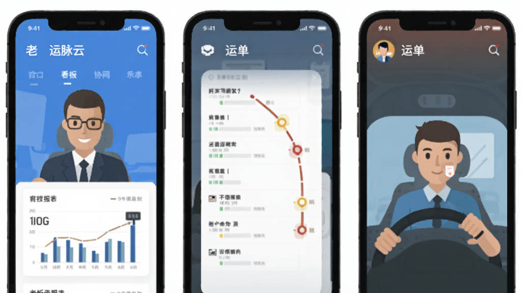 运脉云 多角色协同办公示意图,手机屏幕展示不同角色界面,老板看报表,司机看运单,扁平化风格,干净整洁