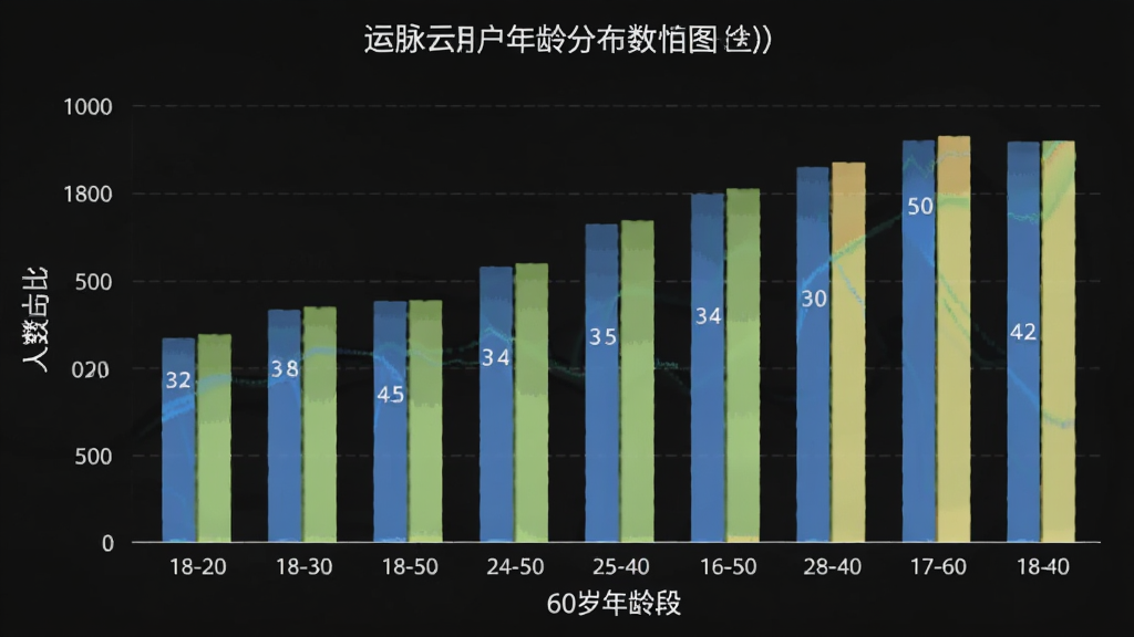 运脉云 用户年龄分布柱状图,横轴为18-60岁年龄段,纵轴为人数占比,柱状清晰,风格简洁