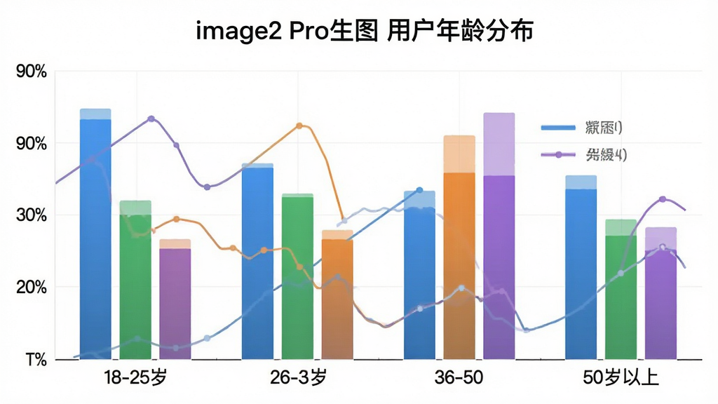 一张展示 image2 Pro生图 用户年龄分布柱状图的图片,画面中柱状图横轴标注18-25岁、26-35岁、36-50岁、50岁以上,纵轴标注百分比,柱体颜色分别为蓝色、绿色、橙色、紫色,图表标题为“image2 Pro生图 用户年龄分布”,背景白色,风格简洁商务,画质清晰干净无多余元素。