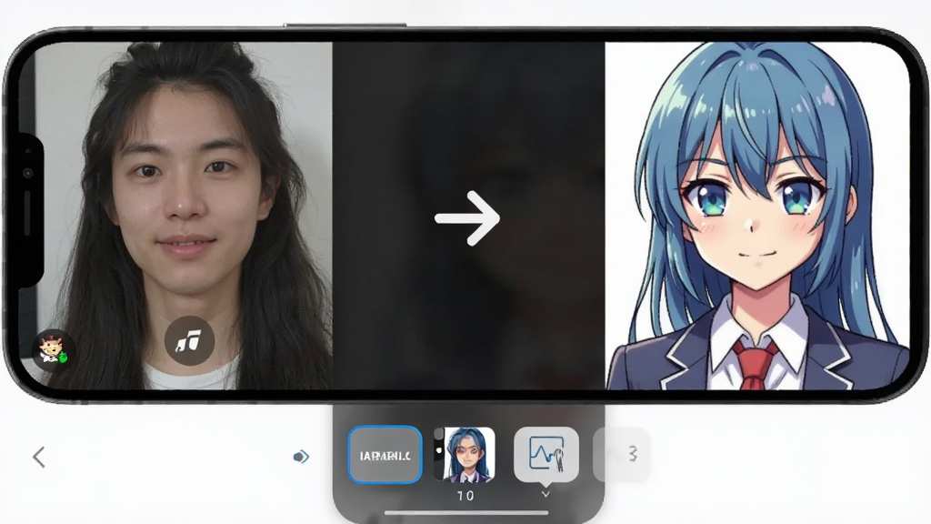 一张展示 image2 Pro生图 风格迁移功能的手机界面截图,画面中左边是普通人物照片,右边是转换成动漫风格后的照片,中间有一个箭头表示转换过程,手机屏幕下方有风格选择按钮,背景简洁,风格现代科技感,画质清晰干净无多余元素。