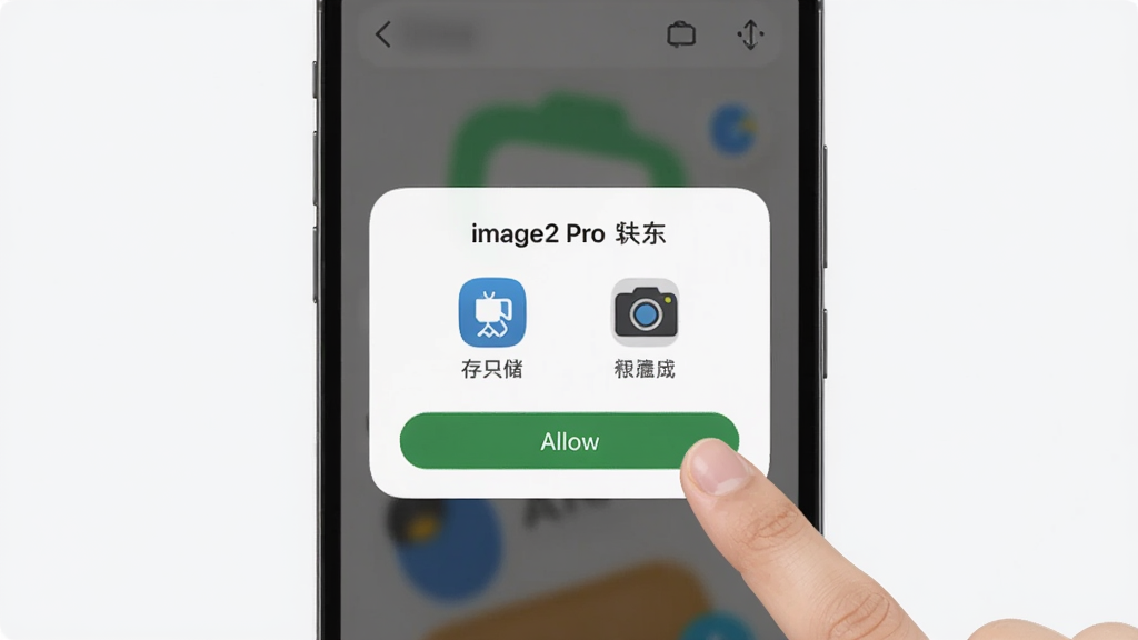 一张展示 image2 Pro生图 安装权限设置步骤的示意图,画面中手机屏幕显示权限授权弹窗,有存储和相机两个图标,旁边有手指点击允许按钮,背景是浅色界面,风格简洁明了,画质清晰干净无多余元素。