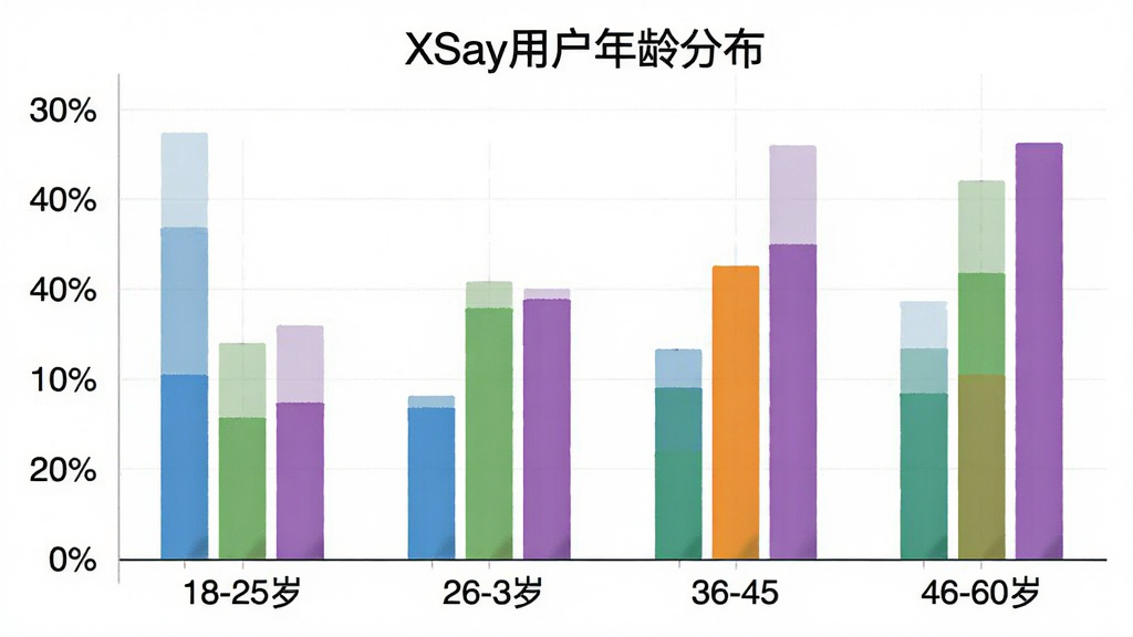 一张展示XSay用户年龄分布的柱状图,横轴是年龄段18-25岁、26-35岁、36-45岁、46-60岁,纵轴是用户占比百分比,柱状图颜色分别为蓝色、绿色、橙色、紫色,图表标题为“XSay用户年龄分布”,背景干净,风格简洁专业,画质清晰,无多余元素
