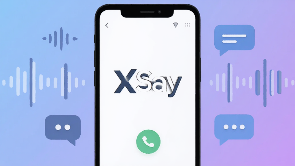 一张展示XSay软件核心界面的图片,画面中央是XSay的Logo和简洁的语音聊天界面,周围环绕着代表清晰语音通话的声波图标和代表社交的对话气泡,背景是柔和的蓝紫色渐变,现代扁平化风格,布局清晰,画质干净,无多余元素