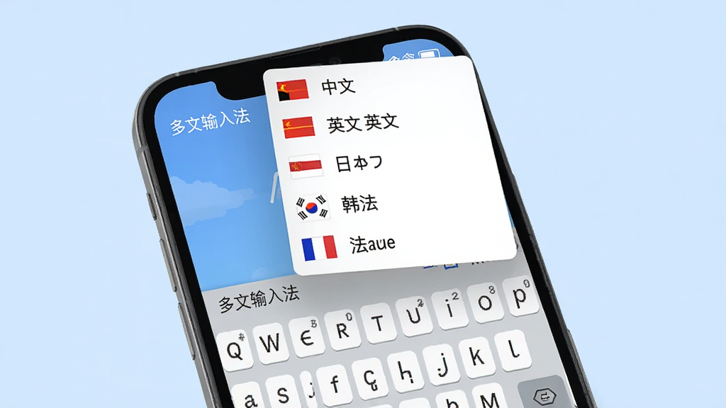 一张展示多语言切换的手机界面图片,画面主体是一部手机,屏幕上“多文输入法”的键盘上方弹出语言选择菜单,菜单中列出中文、英文、日语、韩语、法语等多个选项,每个选项旁边有对应的小国旗图标,背景是柔和的浅蓝色,风格简洁明快,画质干净,无多余元素