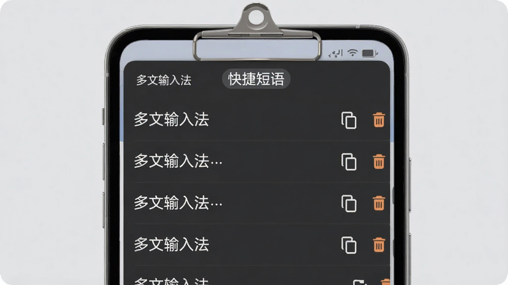 一张展示剪贴板功能的手机截图风格图片,画面中“多文输入法”的剪贴板面板展开,面板上列出多条复制记录,每条记录旁边有复制和删除的小图标,面板顶部有“快捷短语”标签,背景是浅灰色,风格简洁实用,画质干净,无多余元素