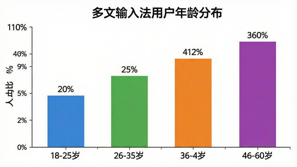 一张展示用户年龄分布的柱状图图片,图表标题为“多文输入法用户年龄分布”,横轴标注18-25岁、26-35岁、36-45岁、46-60岁四个年龄段,纵轴标注人数占比百分比,柱状图颜色分别为蓝色、绿色、橙色、紫色,每个柱子上方标注具体百分比数字,背景是白色,风格简洁数据可视化,画质清晰,无多余元素