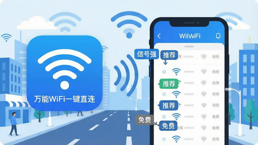 һ����Ϣͼ���廭����������ǡ�����WiFiһ��ֱ����Ӧ��ͼ�꣬�Ҳ�չʾ�ֻ���Ļ��WiFi�ȵ��б��������עΪ���Ƽ������ź�ǿ������ѡ��ȱ�ǩ�������ǳ��н־����źŲ���Ԫ�أ�������ɫ������Ϊ��������ƽ����ϸ�����������ʸɾ����޶���װ��