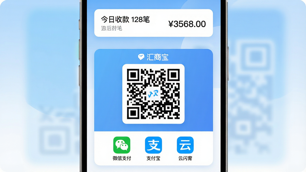 一款名为“汇商宝”的手机应用主界面,主体是一个醒目的聚合收款二维码卡片,二维码下方排列着微信支付、支付宝、云闪付的小图标,界面背景是柔和的蓝白渐变,顶部显示“今日收款 128笔 3568.00”的概览卡片,整体布局清晰,风格现代扁平,细节圆润,画质干净无多余元素