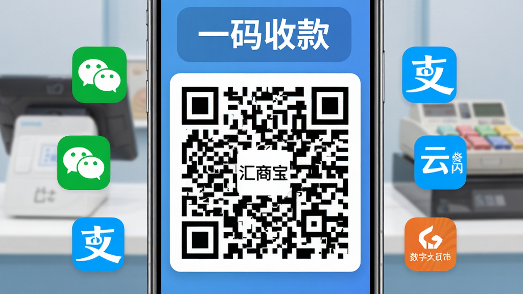 一张手机屏幕截图风格图片,画面中央是一个巨大的“汇商宝”聚合收款二维码,二维码四周环绕着微信支付、支付宝、云闪付、数字人民币的彩色图标,背景是整洁的收银台场景虚化处理,上方有“一码收款”的文字标识,风格简洁商务,画质清晰干净无多余元素